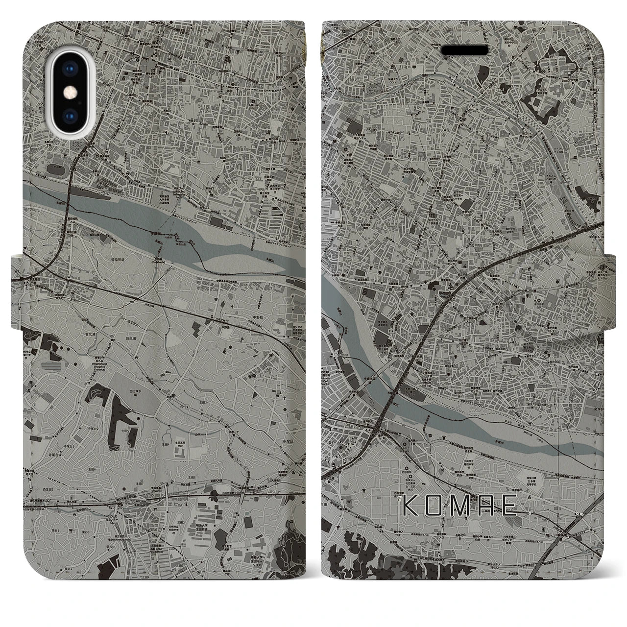 【狛江（東京都）】地図柄iPhoneケース（手帳タイプ）モノトーン・iPhone XS Max 用