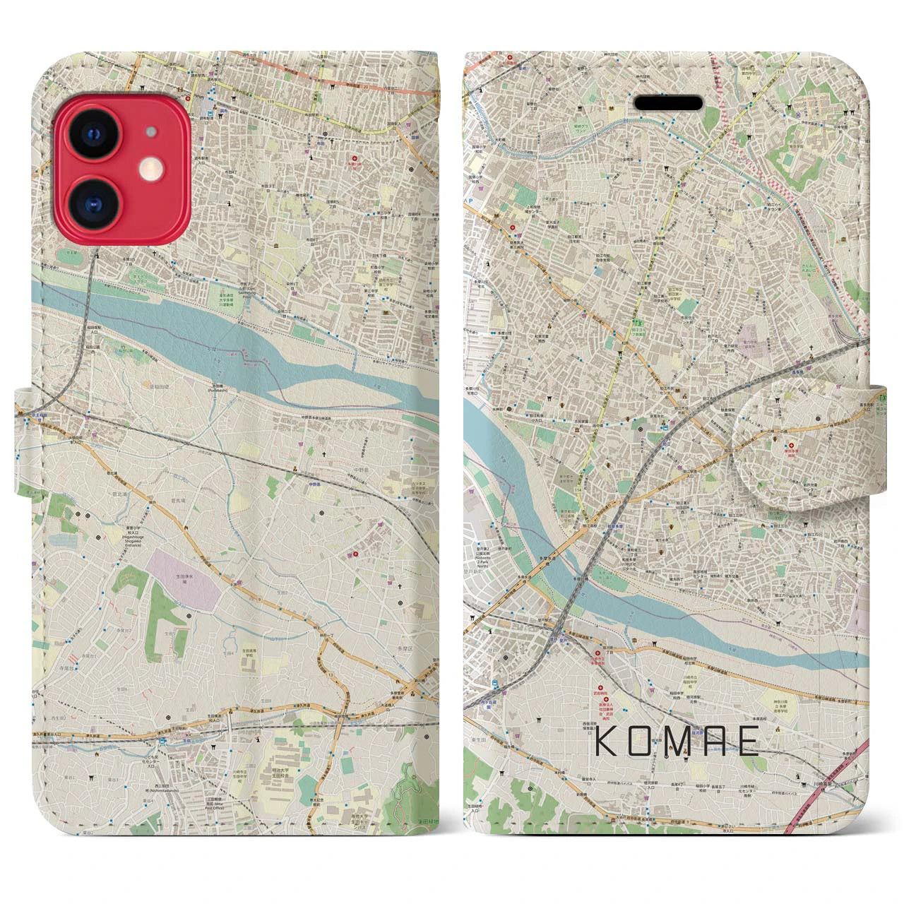 【狛江（東京都）】地図柄iPhoneケース（手帳タイプ）ナチュラル・iPhone 11 用