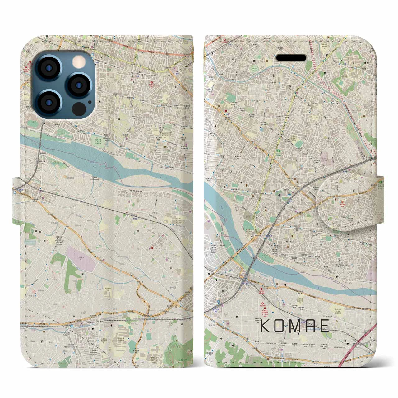 【狛江（東京都）】地図柄iPhoneケース（手帳タイプ）ナチュラル・iPhone 12 / 12 Pro 用