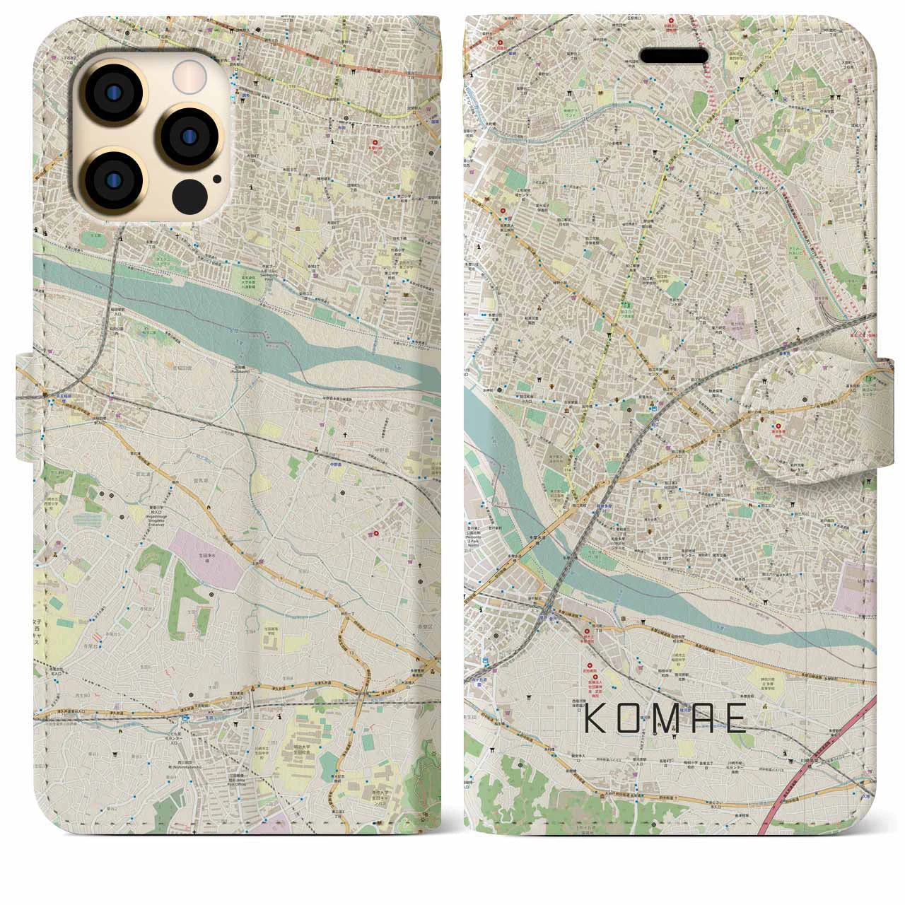 【狛江（東京都）】地図柄iPhoneケース（手帳タイプ）ナチュラル・iPhone 12 Pro Max 用