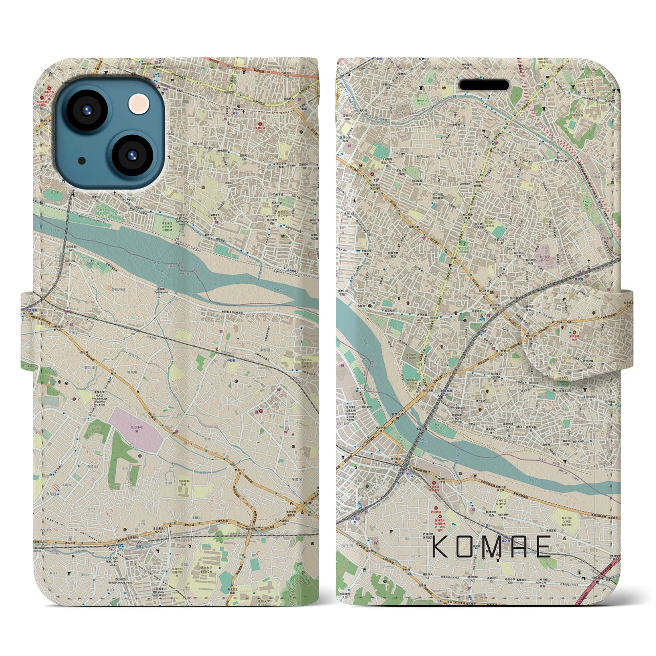 【狛江（東京都）】地図柄iPhoneケース（手帳タイプ）ナチュラル・iPhone 13 用