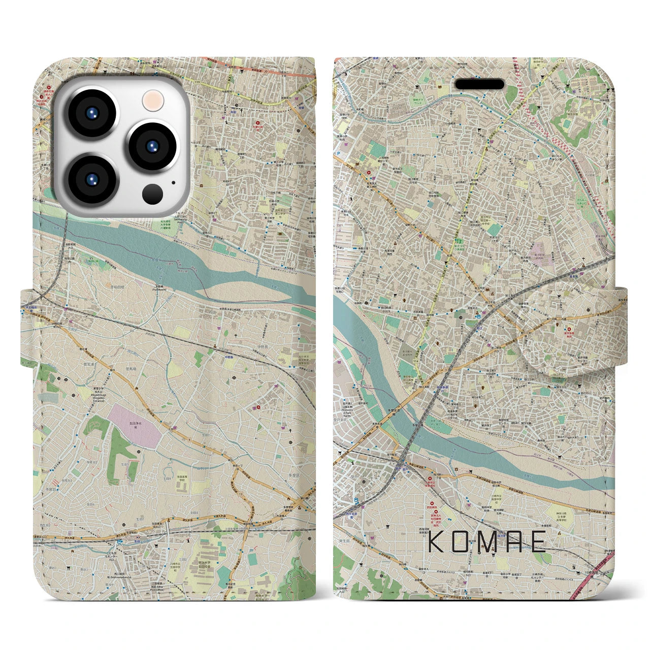 【狛江（東京都）】地図柄iPhoneケース（手帳タイプ）ナチュラル・iPhone 13 Pro 用