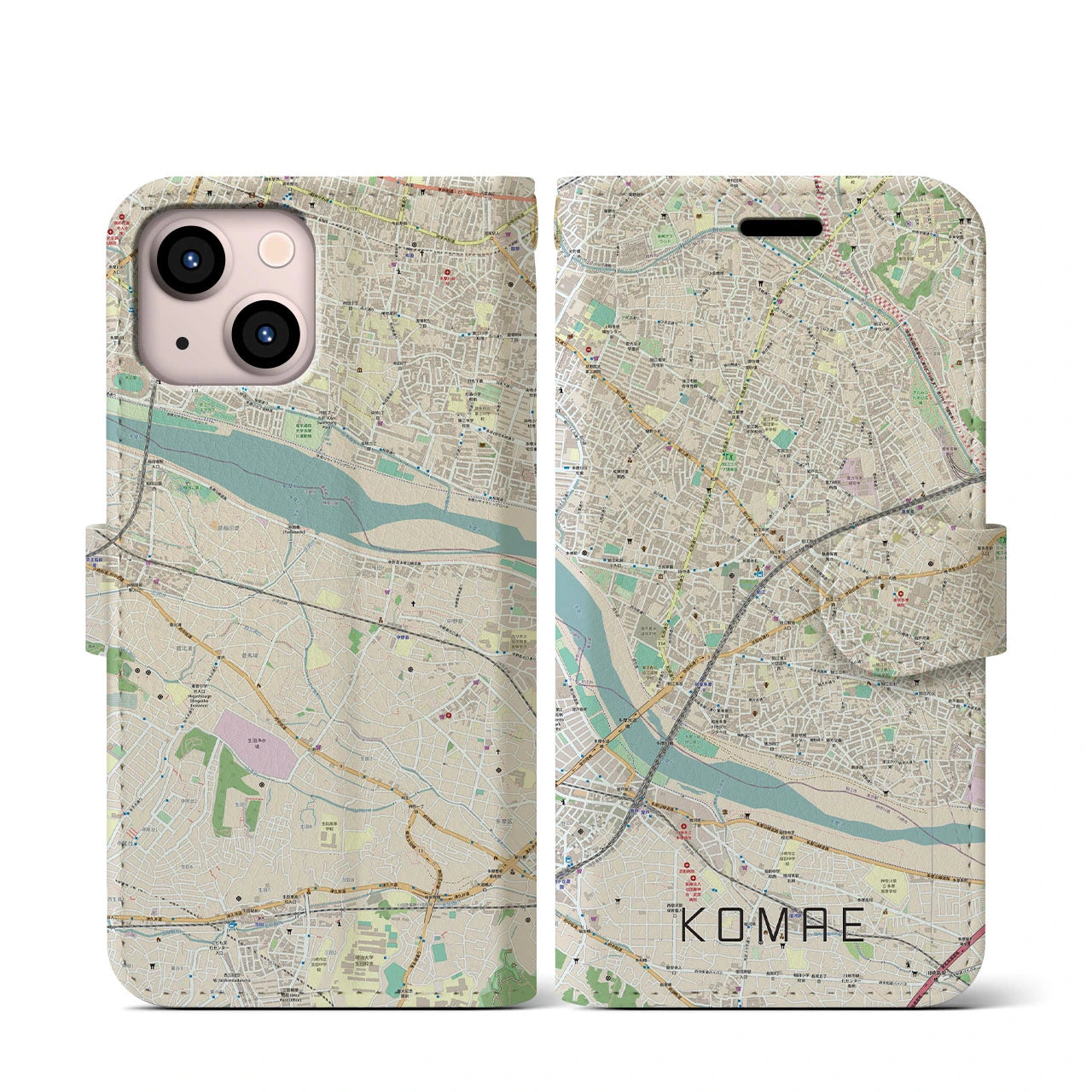 【狛江（東京都）】地図柄iPhoneケース（手帳タイプ）ナチュラル・iPhone 13 mini 用