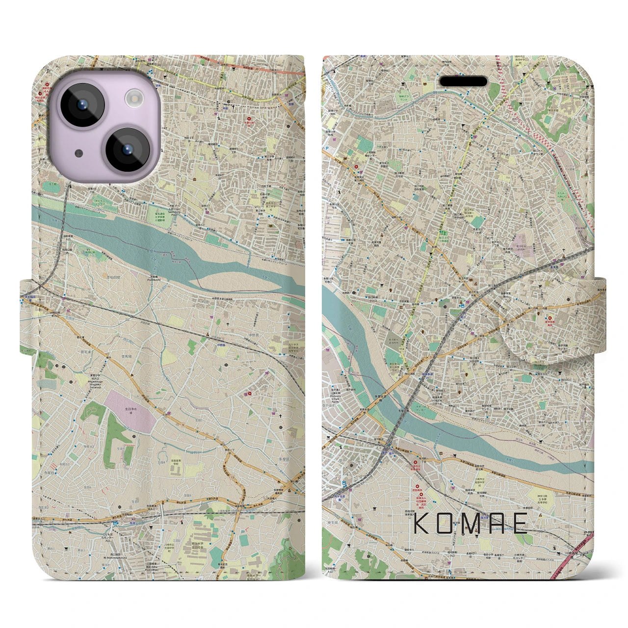 【狛江（東京都）】地図柄iPhoneケース（手帳タイプ）ナチュラル・iPhone 14 用