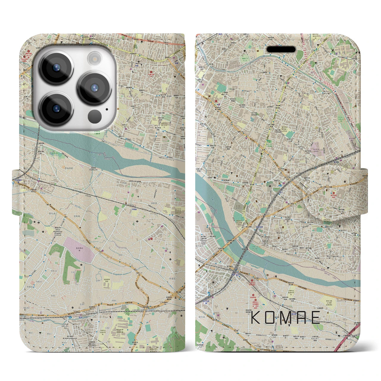 【狛江（東京都）】地図柄iPhoneケース（手帳タイプ）ナチュラル・iPhone 14 Pro 用