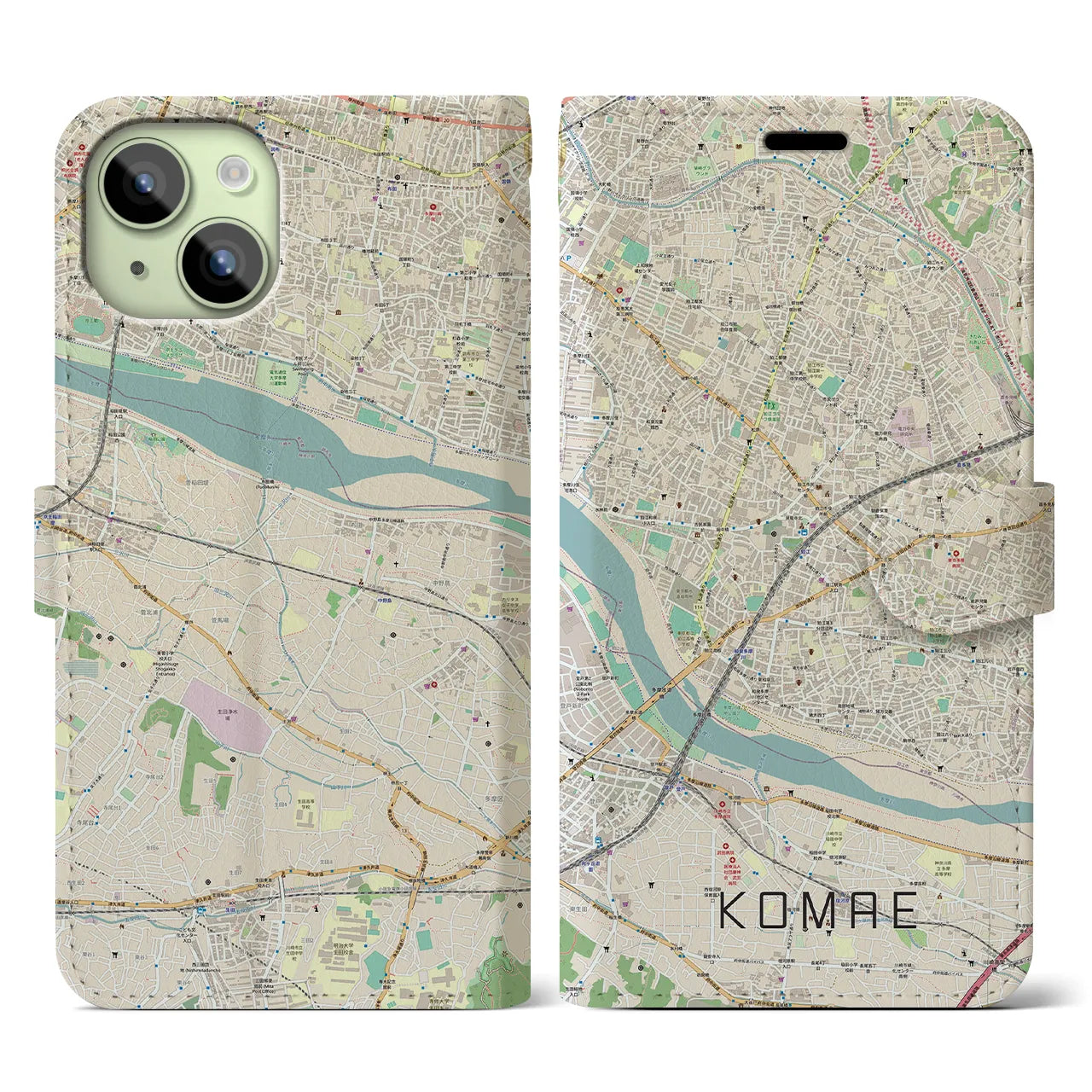 【狛江（東京都）】地図柄iPhoneケース（手帳タイプ）ナチュラル・iPhone 15 用