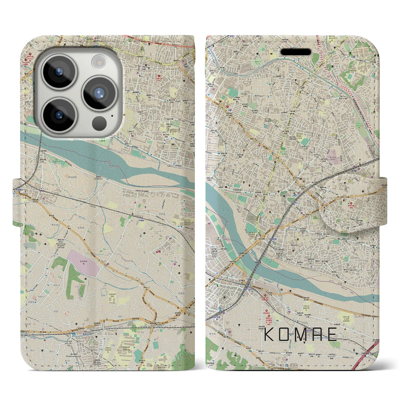 【狛江（東京都）】地図柄iPhoneケース（手帳タイプ）ナチュラル・iPhone 15 Pro 用