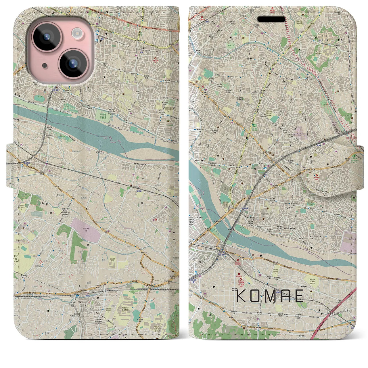 【狛江（東京都）】地図柄iPhoneケース（手帳タイプ）ナチュラル・iPhone 15 Plus 用