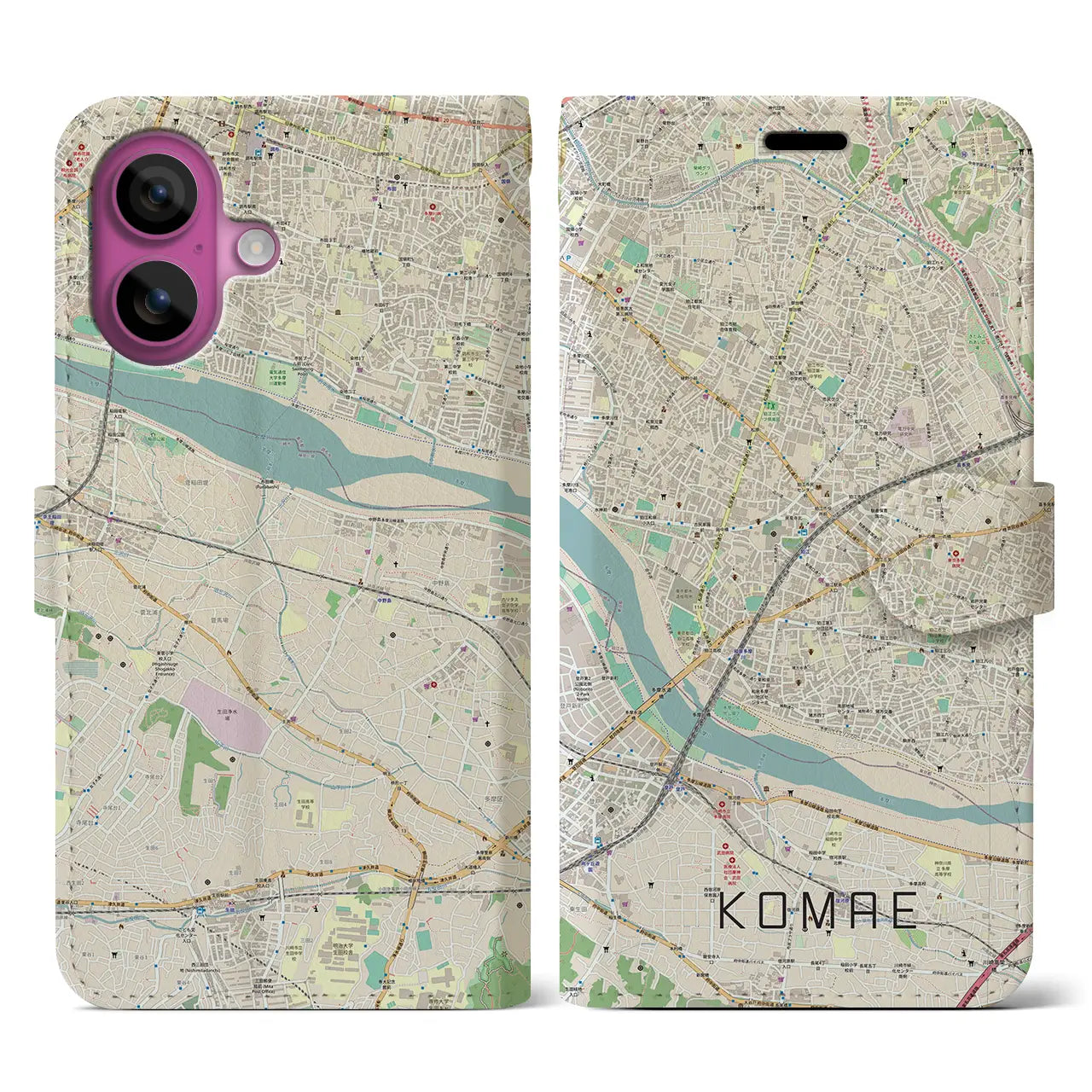 【狛江（東京都）】地図柄iPhoneケース（手帳タイプ）ナチュラル・iPhone 16 Pro 用