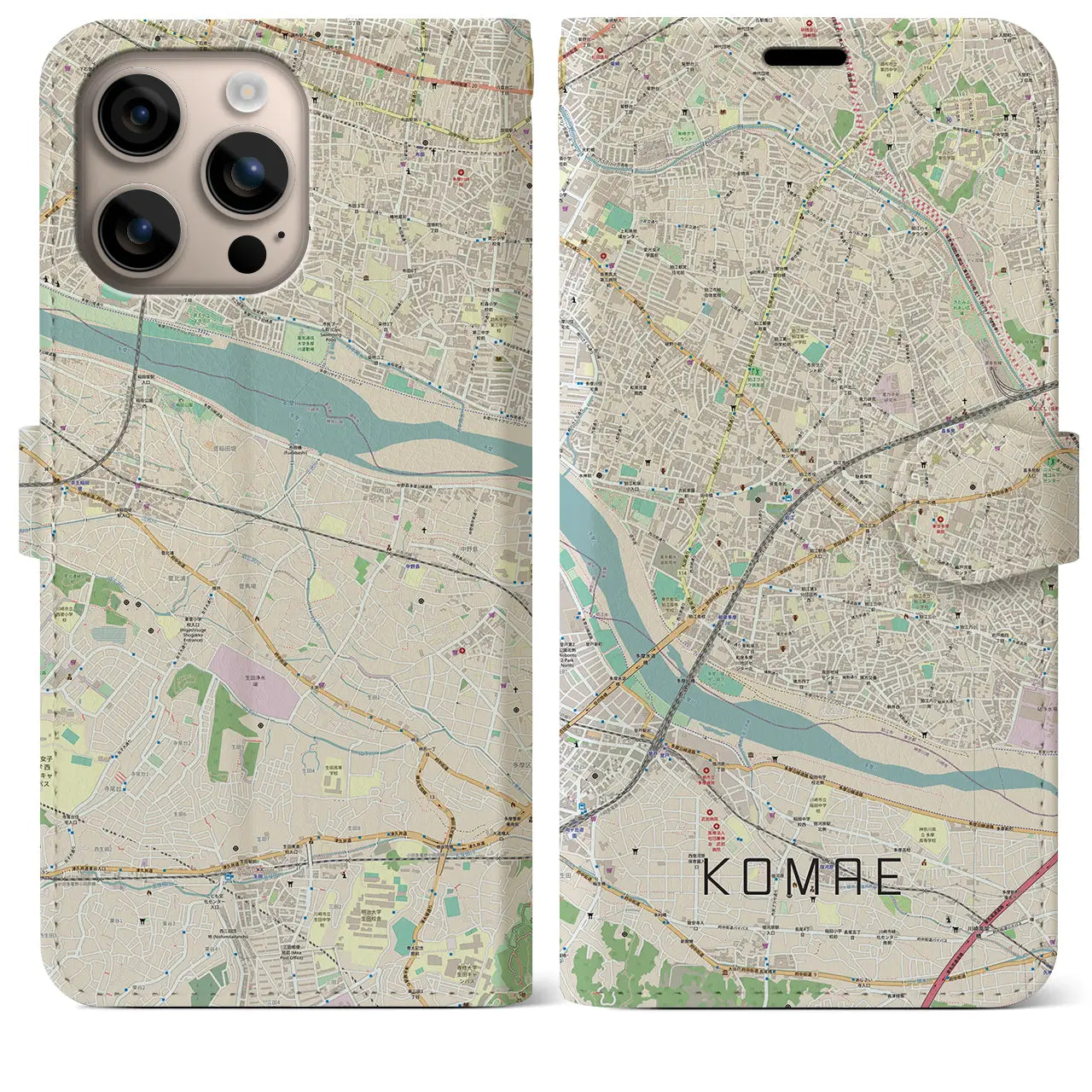 【狛江（東京都）】地図柄iPhoneケース（手帳タイプ）ナチュラル・iPhone 16 Plus 用