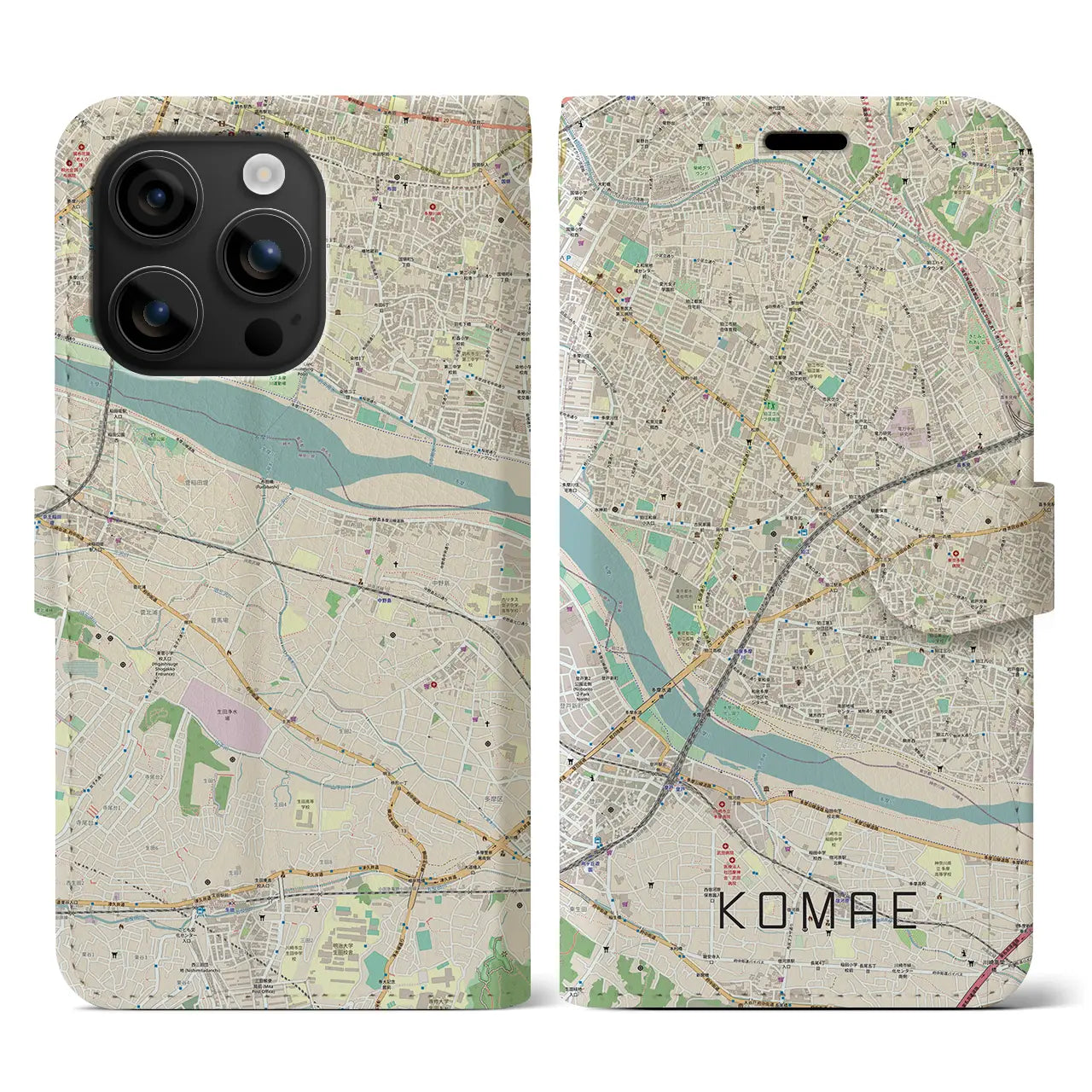 【狛江（東京都）】地図柄iPhoneケース（手帳タイプ）ナチュラル・iPhone 16 用