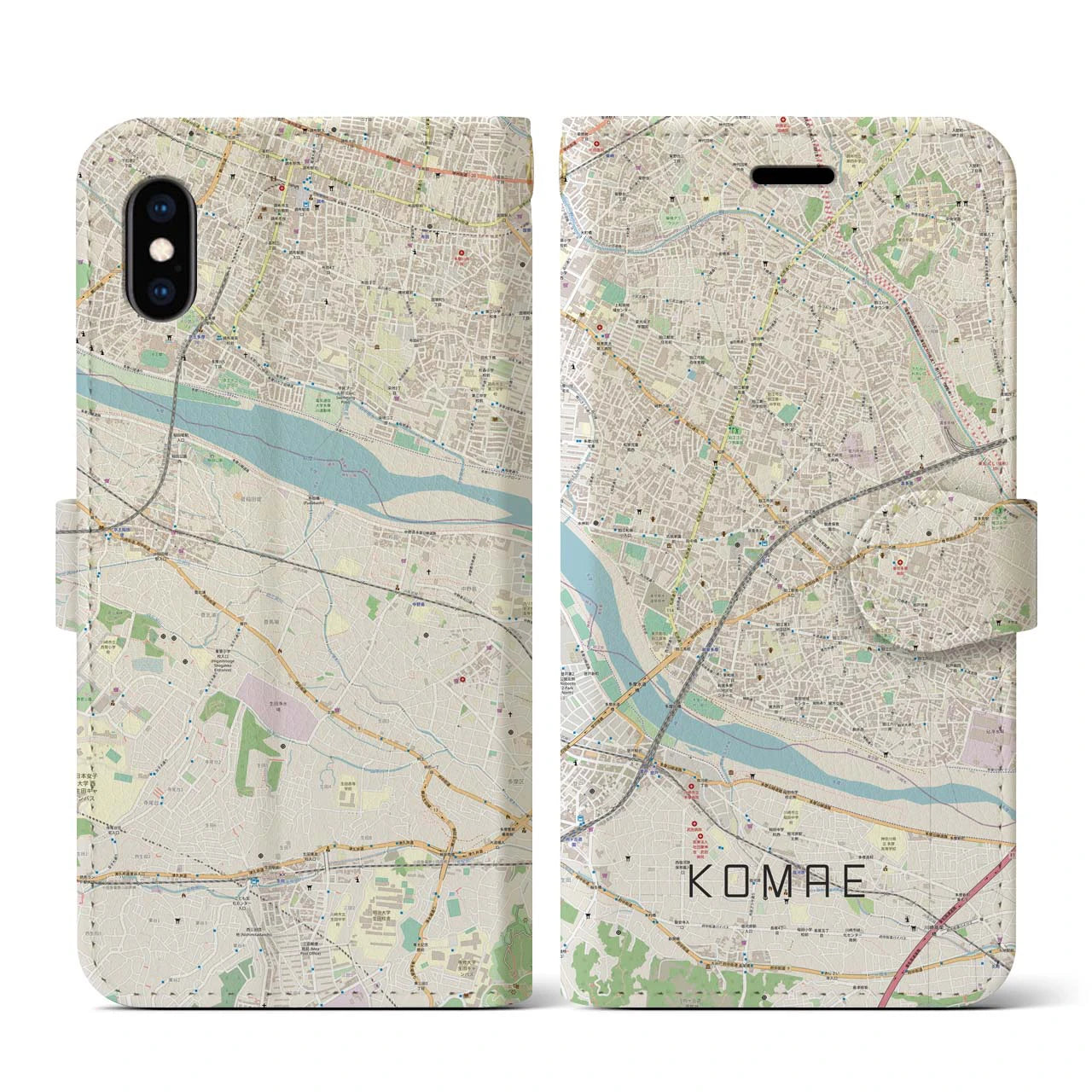 【狛江（東京都）】地図柄iPhoneケース（手帳タイプ）ナチュラル・iPhone XS / X 用