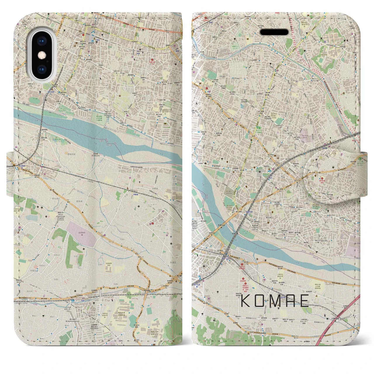 【狛江（東京都）】地図柄iPhoneケース（手帳タイプ）ナチュラル・iPhone XS Max 用