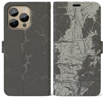 【駒ヶ根（長野県）】地図柄iPhoneケース（手帳タイプ）モノトーン・iPhone 14 Pro Max 用