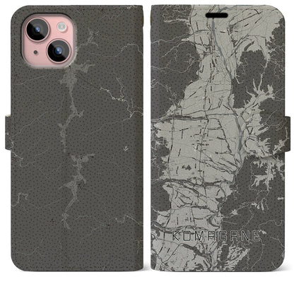 【駒ヶ根（長野県）】地図柄iPhoneケース（手帳タイプ）モノトーン・iPhone 15 Plus 用