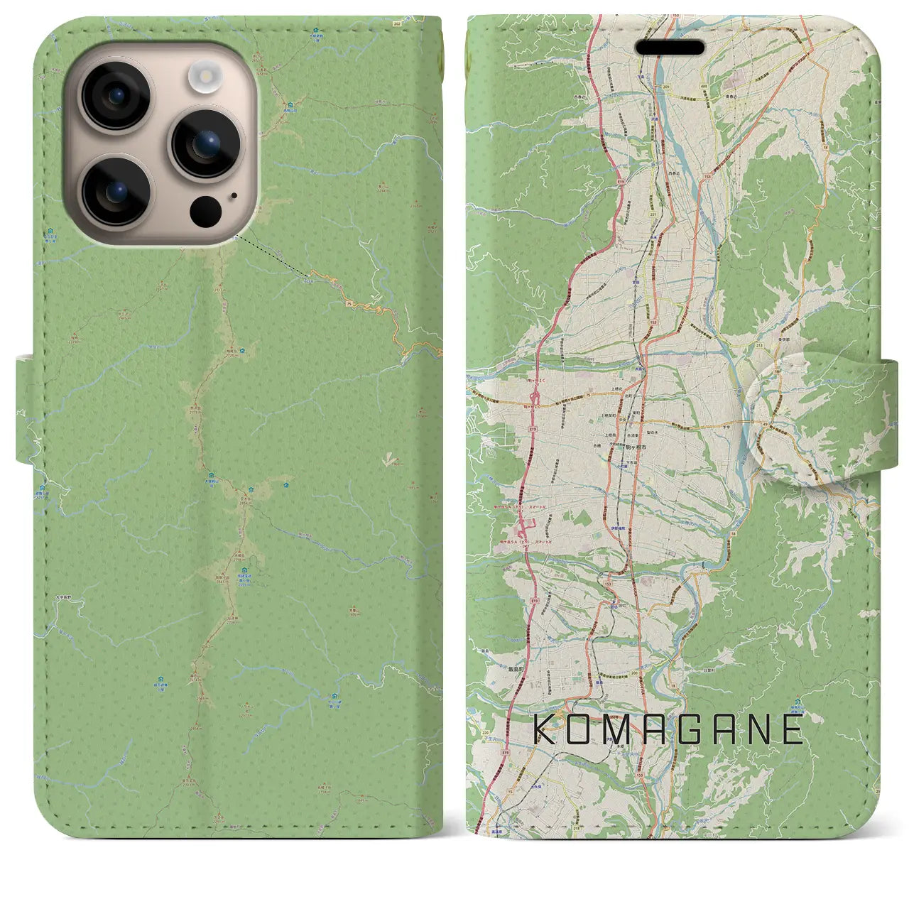 【駒ヶ根（長野県）】地図柄iPhoneケース（手帳タイプ）ナチュラル・iPhone 16 Plus 用