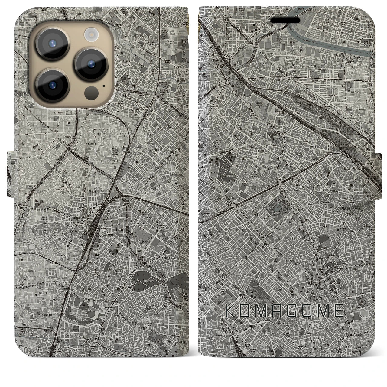 【駒込】地図柄iPhoneケース（手帳両面タイプ・モノトーン）iPhone 14 Pro Max 用