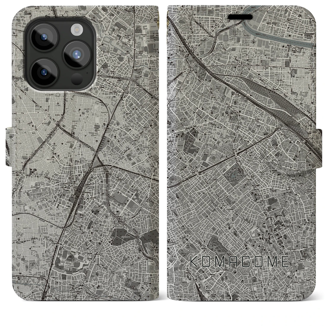 【駒込】地図柄iPhoneケース（手帳両面タイプ・モノトーン）iPhone 15 Pro Max 用
