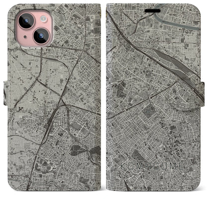 【駒込（東京都）】地図柄iPhoneケース（手帳タイプ）モノトーン・iPhone 15 Plus 用