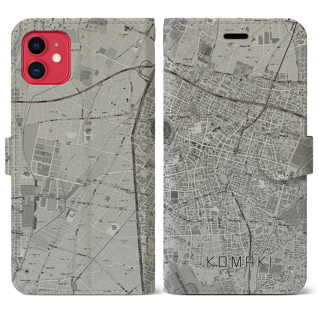 【小牧】地図柄iPhoneケース（手帳両面タイプ・モノトーン）iPhone 11 用