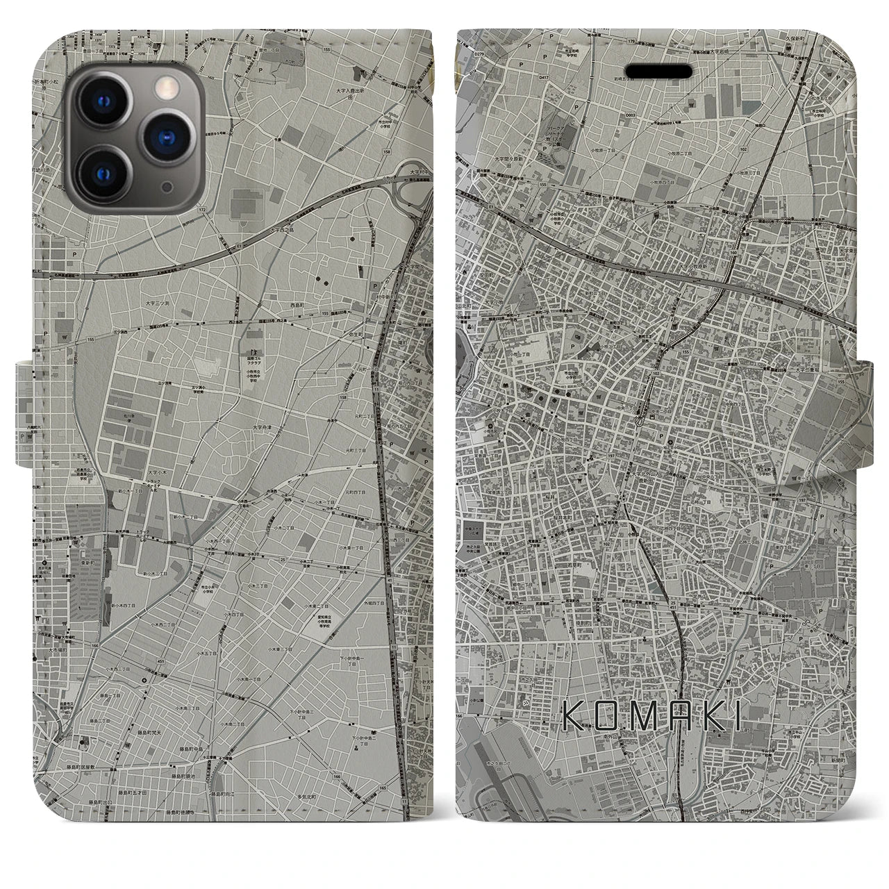 【小牧】地図柄iPhoneケース（手帳両面タイプ・モノトーン）iPhone 11 Pro Max 用