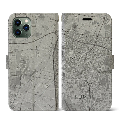 【小牧（愛知県）】地図柄iPhoneケース（手帳タイプ）モノトーン・iPhone 11 Pro 用