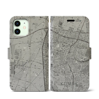 【小牧（愛知県）】地図柄iPhoneケース（手帳タイプ）モノトーン・iPhone 12 mini 用