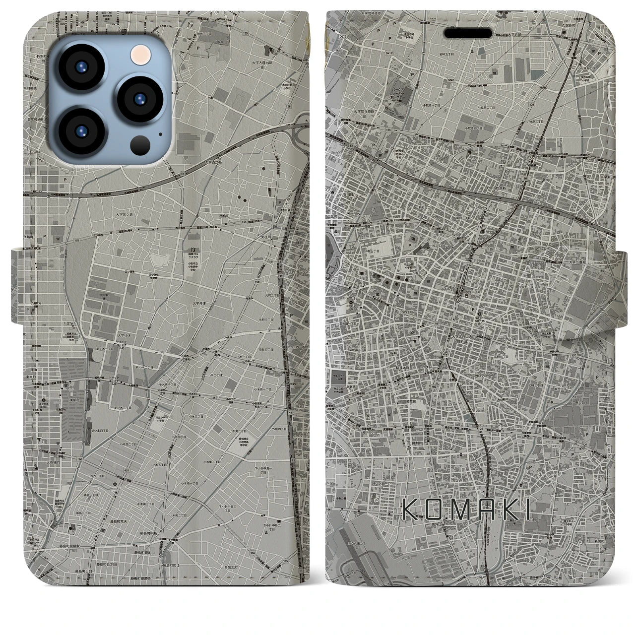 【小牧】地図柄iPhoneケース（手帳両面タイプ・モノトーン）iPhone 13 Pro Max 用