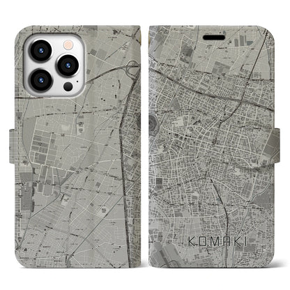 【小牧（愛知県）】地図柄iPhoneケース（手帳タイプ）モノトーン・iPhone 13 Pro 用