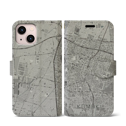 【小牧（愛知県）】地図柄iPhoneケース（手帳タイプ）モノトーン・iPhone 13 mini 用