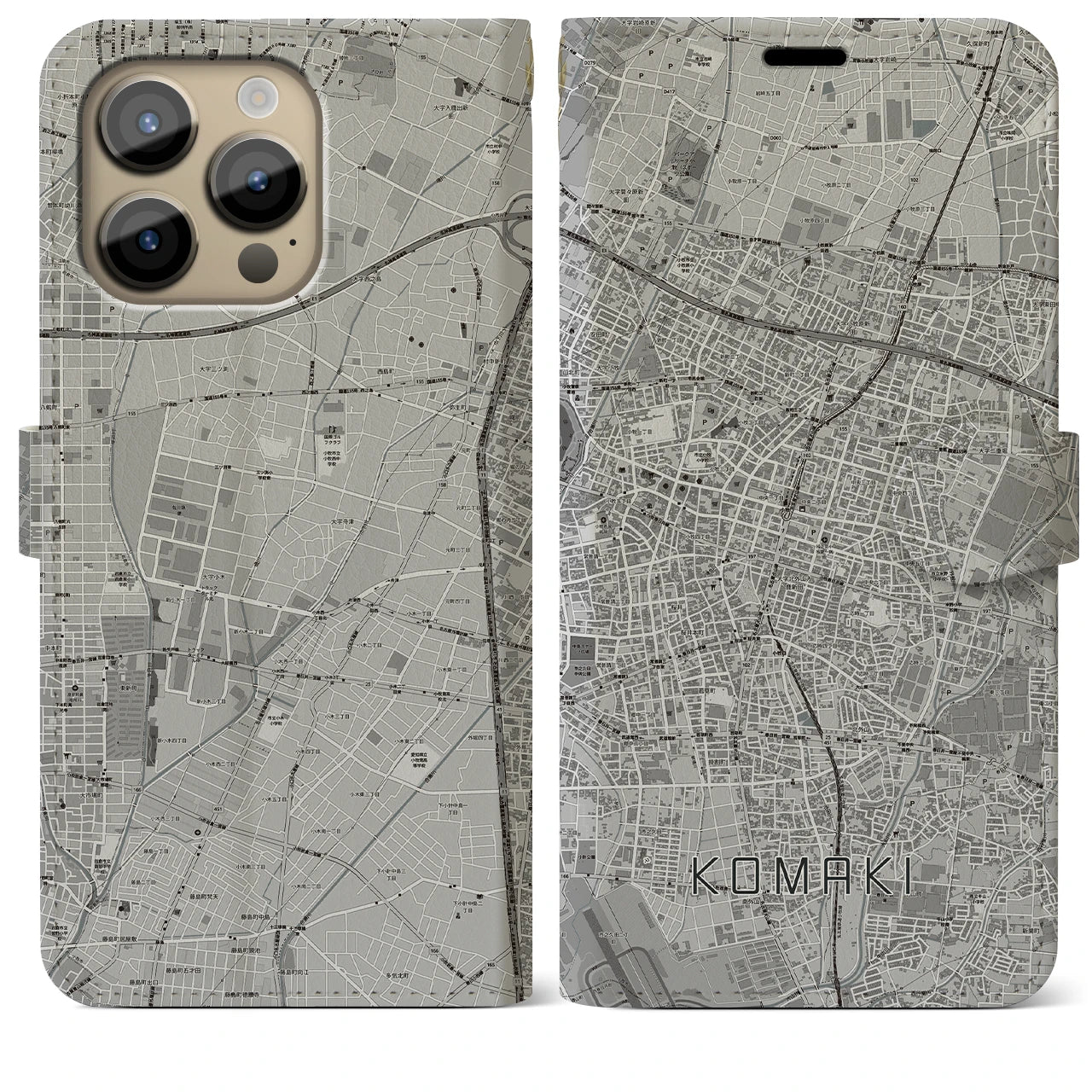 【小牧】地図柄iPhoneケース（手帳両面タイプ・モノトーン）iPhone 14 Pro Max 用