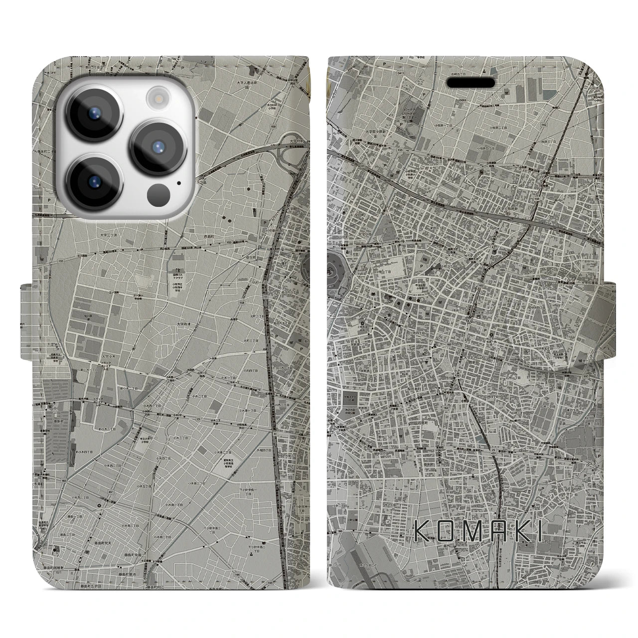 【小牧】地図柄iPhoneケース（手帳両面タイプ・モノトーン）iPhone 14 Pro 用