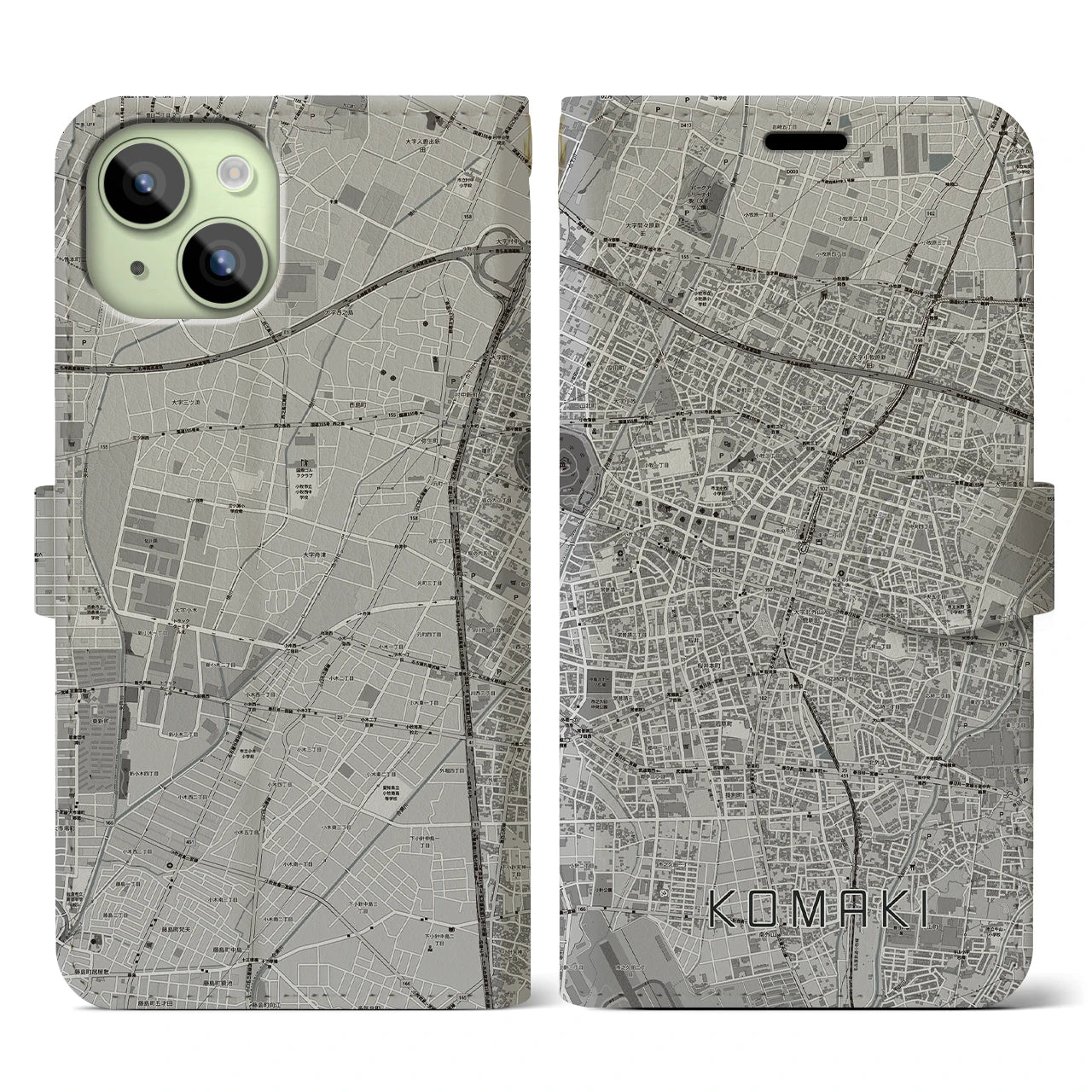【小牧】地図柄iPhoneケース（手帳両面タイプ・モノトーン）iPhone 15 用