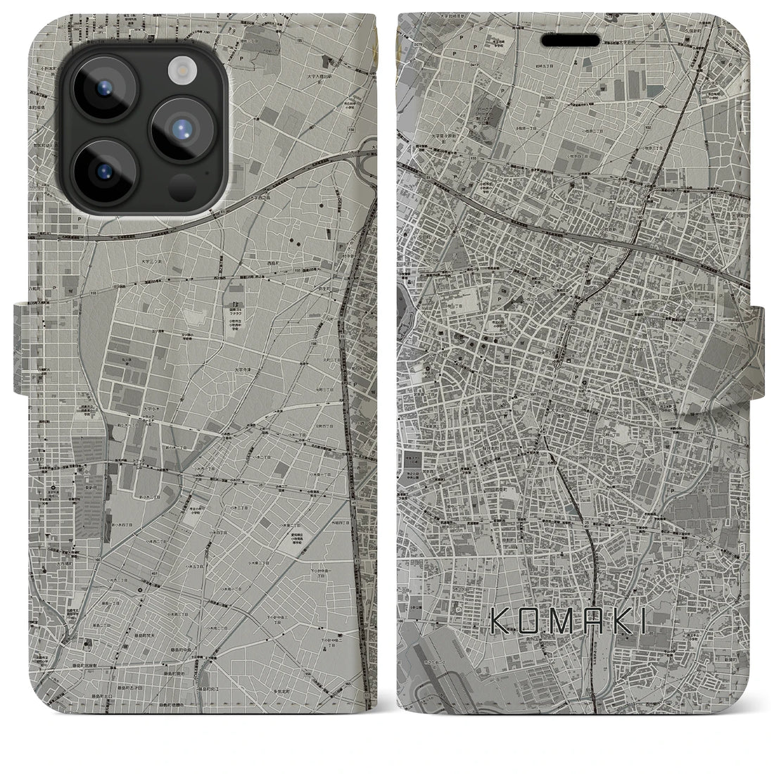 【小牧】地図柄iPhoneケース（手帳両面タイプ・モノトーン）iPhone 15 Pro Max 用