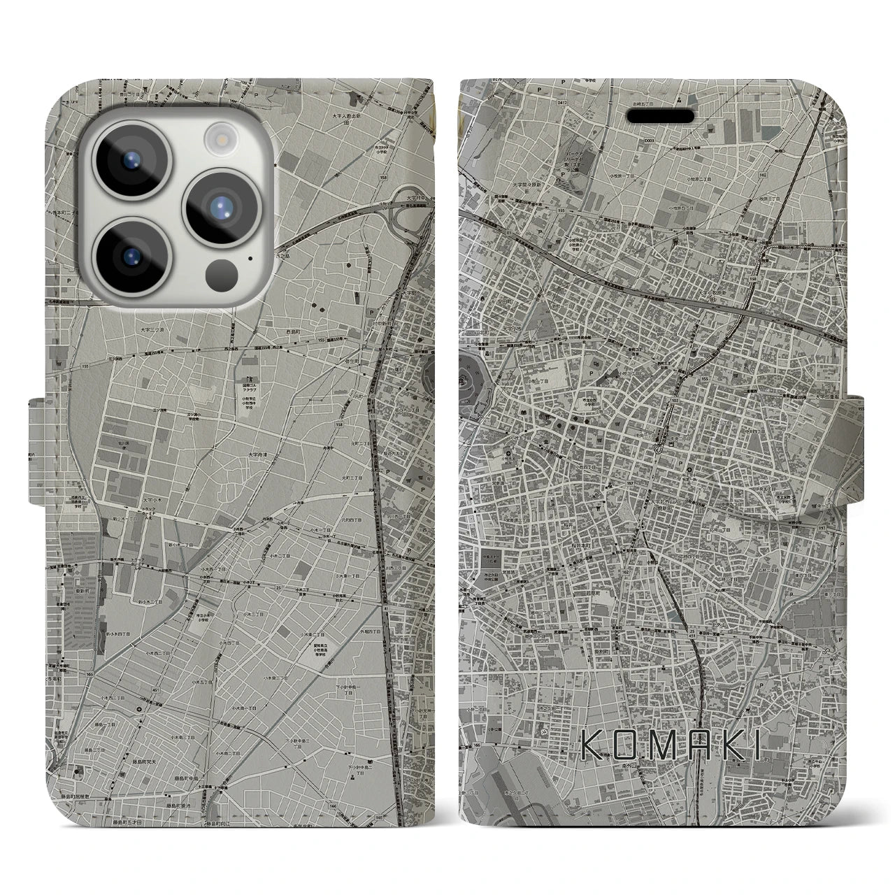 【小牧】地図柄iPhoneケース（手帳両面タイプ・モノトーン）iPhone 15 Pro 用