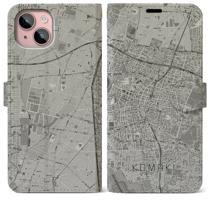 【小牧（愛知県）】地図柄iPhoneケース（手帳タイプ）モノトーン・iPhone 15 Plus 用