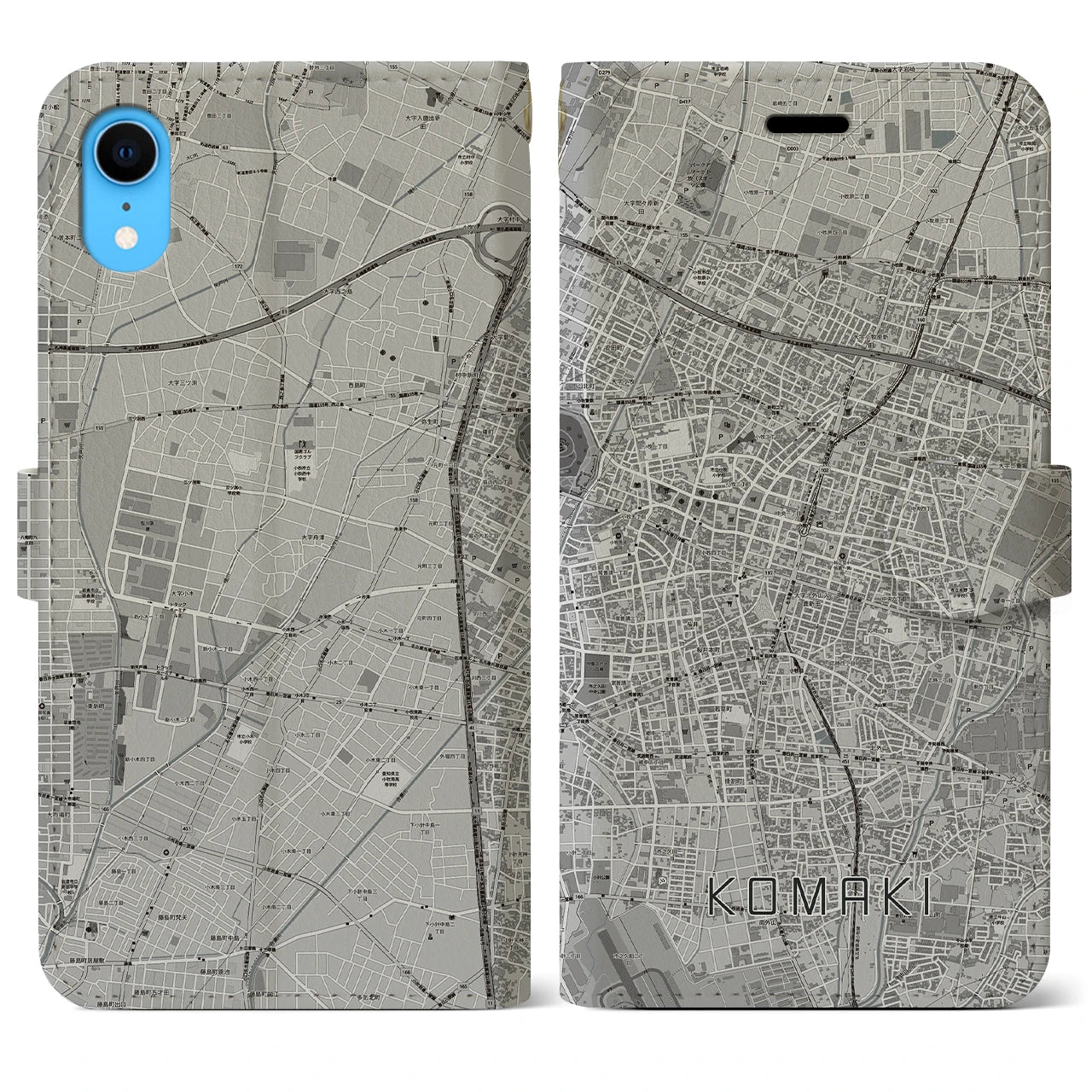 【小牧】地図柄iPhoneケース（手帳両面タイプ・モノトーン）iPhone XR 用