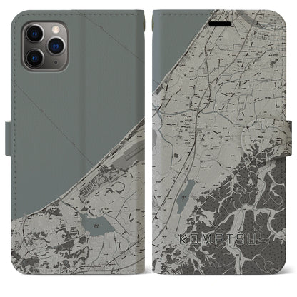 【小松（石川県）】地図柄iPhoneケース（手帳タイプ）モノトーン・iPhone 11 Pro Max 用