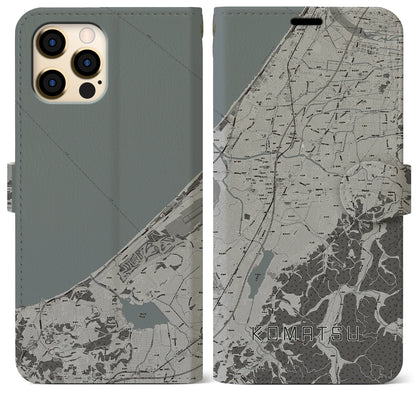 【小松（石川県）】地図柄iPhoneケース（手帳タイプ）モノトーン・iPhone 12 Pro Max 用