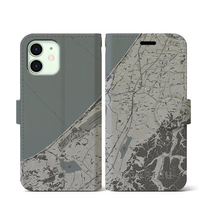 【小松（石川県）】地図柄iPhoneケース（手帳タイプ）モノトーン・iPhone 12 mini 用