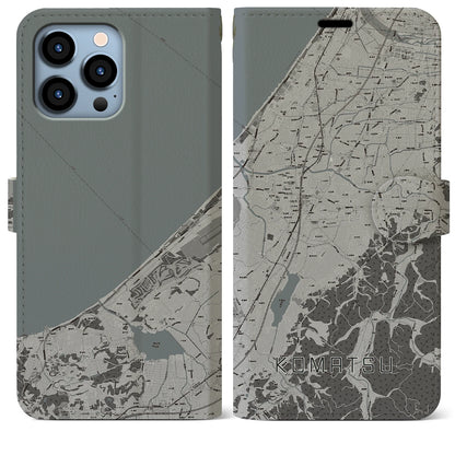 【小松（石川県）】地図柄iPhoneケース（手帳タイプ）モノトーン・iPhone 13 Pro Max 用