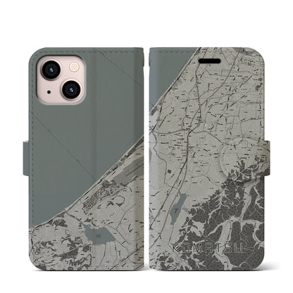 【小松（石川県）】地図柄iPhoneケース（手帳タイプ）モノトーン・iPhone 13 mini 用