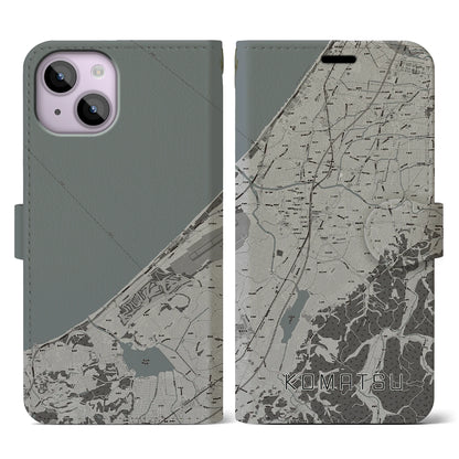 【小松（石川県）】地図柄iPhoneケース（手帳タイプ）モノトーン・iPhone 14 用