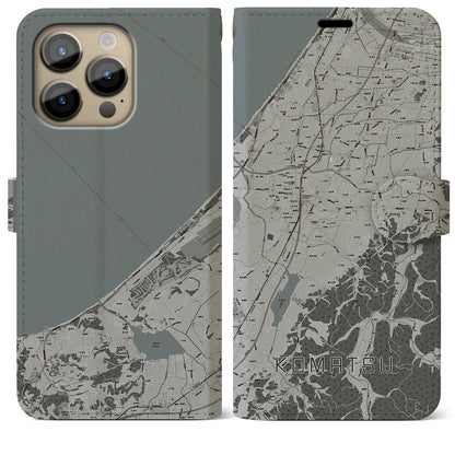 【小松（石川県）】地図柄iPhoneケース（手帳タイプ）モノトーン・iPhone 14 Pro Max 用