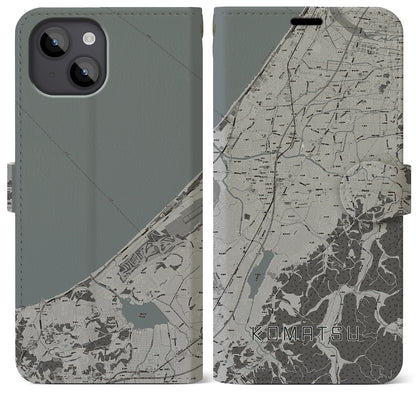 【小松（石川県）】地図柄iPhoneケース（手帳タイプ）モノトーン・iPhone 14 Plus 用