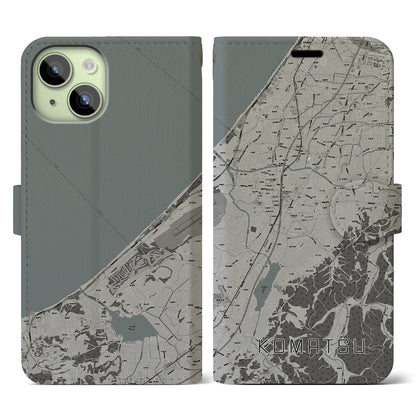 【小松（石川県）】地図柄iPhoneケース（手帳タイプ）モノトーン・iPhone 15 用