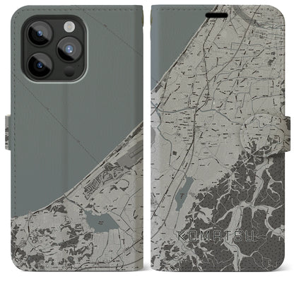 【小松（石川県）】地図柄iPhoneケース（手帳タイプ）モノトーン・iPhone 15 Pro Max 用