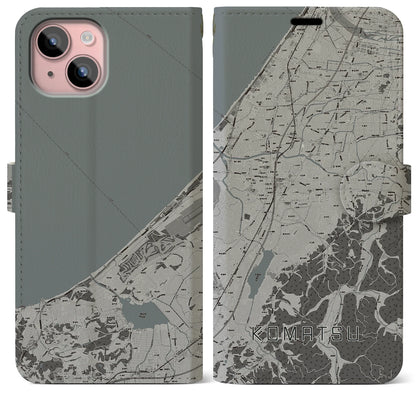 【小松（石川県）】地図柄iPhoneケース（手帳タイプ）モノトーン・iPhone 15 Plus 用