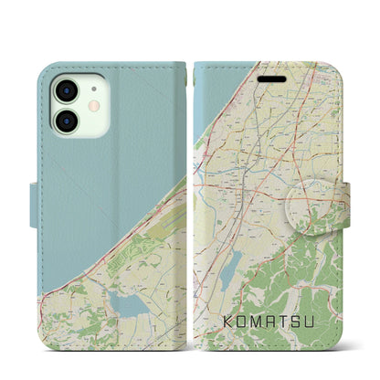 【小松（石川県）】地図柄iPhoneケース（手帳タイプ）ナチュラル・iPhone 12 mini 用