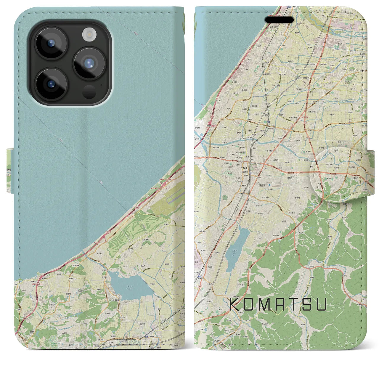 【小松】地図柄iPhoneケース（手帳両面タイプ・ナチュラル）iPhone 15 Pro Max 用